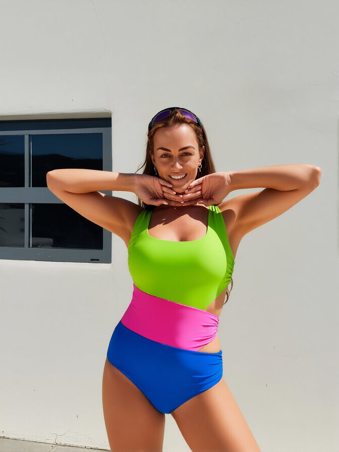 Women's One Piece Swimsuits Color Block Tummy Control Bathing Suit Slimming 1 Piece Swimwear