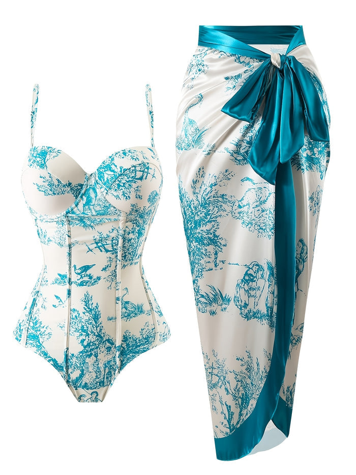 Women's One Piece Swimsuits with Cover Up Skirt Tummy Control V Neck Bathing Suits