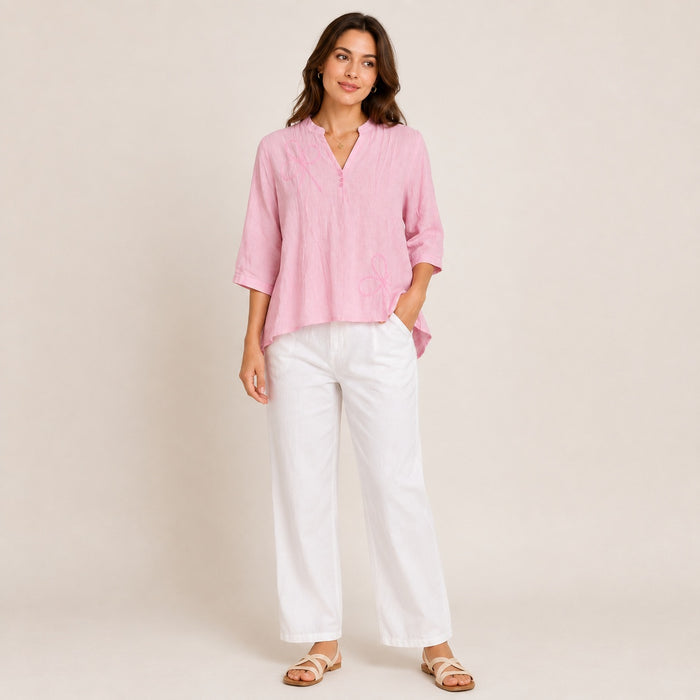 Women’s Pink Embroidered V-Neck Top