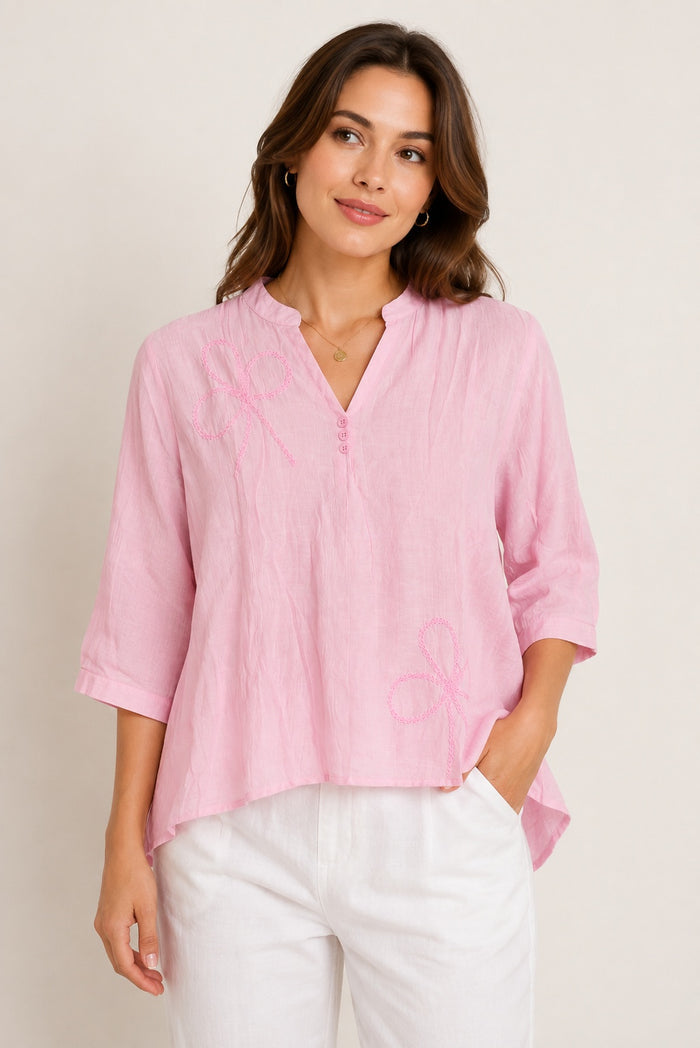 Women’s Pink Embroidered V-Neck Top