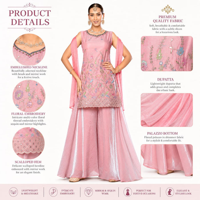 Women's Pink Embroidered Kurta Palazzo Set with Dupatta | Festive &amp; Party Wear Ethnic Suit - ANS Billion