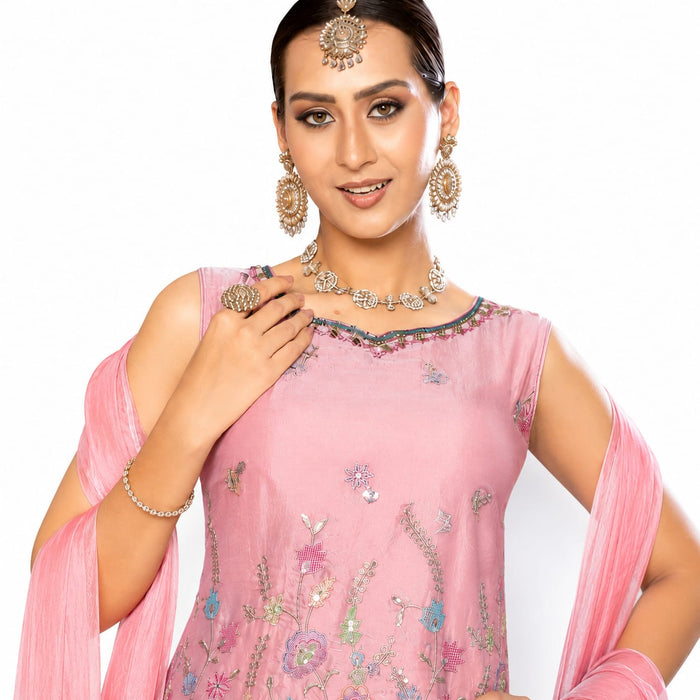 Women's Pink Embroidered Kurta Palazzo Set with Dupatta | Festive &amp; Party Wear Ethnic Suit - ANS Billion