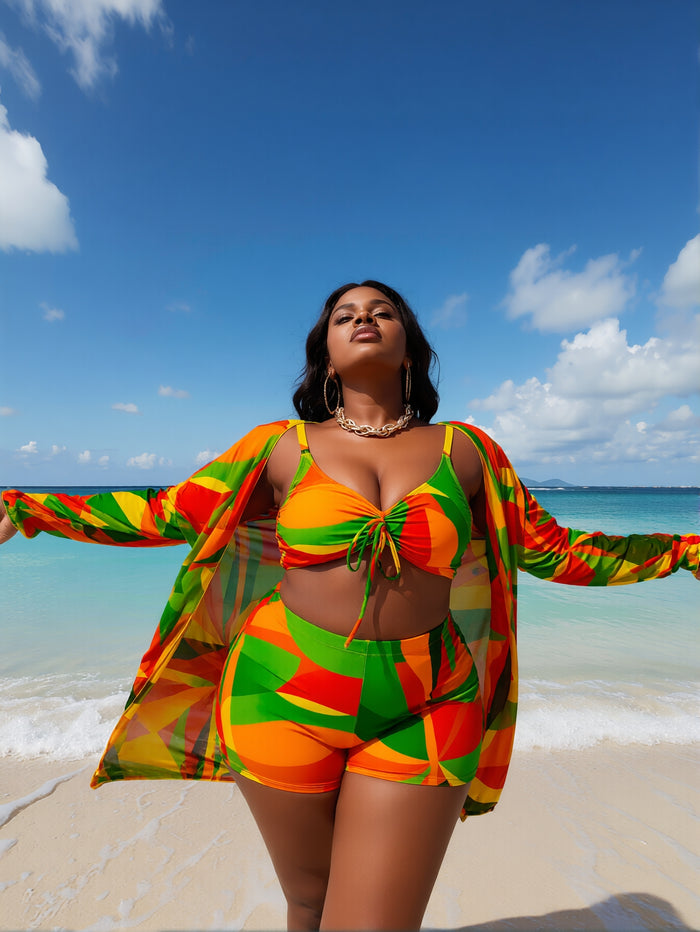 Women's Plus Size Bathing Suit 3 Piece Bikini Set Tie Front High Waisted Swimsuit with Cover Up Swim Shorts Set