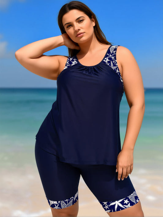 Women's Plus Size Two Piece Tankini Swimsuit with Pockets Tummy Control Bathing Suit with Boy Shorts