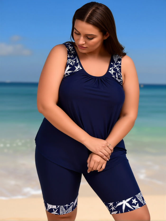 Women's Plus Size Two Piece Tankini Swimsuit with Pockets Tummy Control Bathing Suit with Boy Shorts