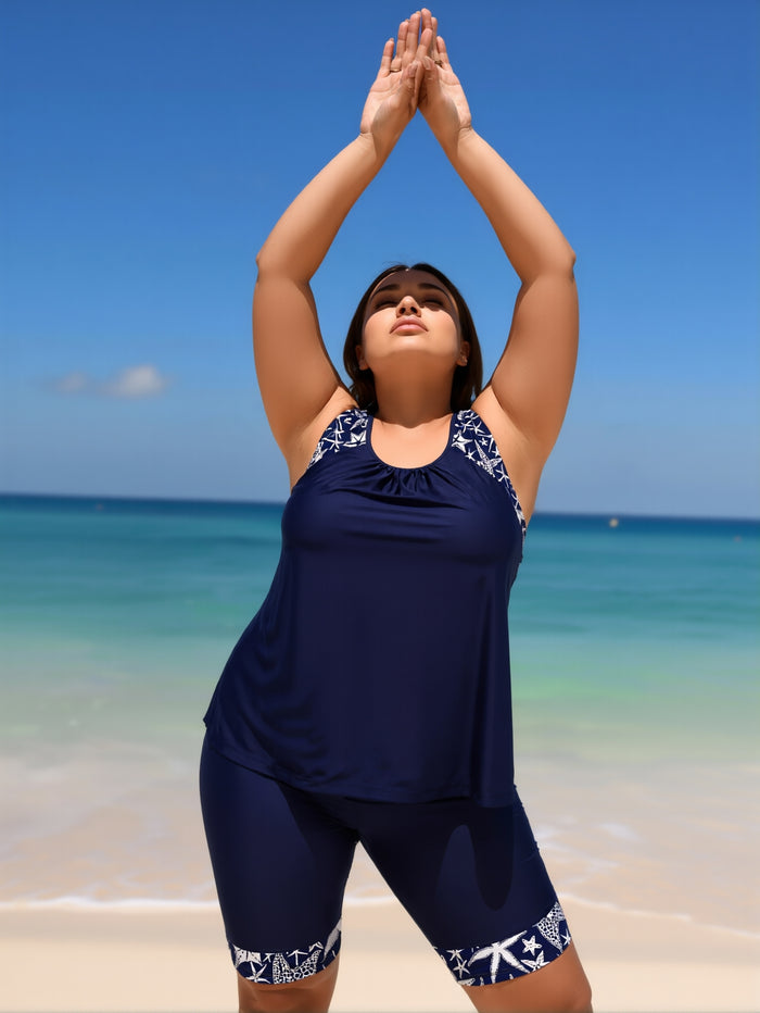 Women's Plus Size Two Piece Tankini Swimsuit with Pockets Tummy Control Bathing Suit with Boy Shorts