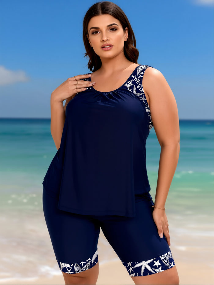 Women's Plus Size Two Piece Tankini Swimsuit with Pockets Tummy Control Bathing Suit with Boy Shorts