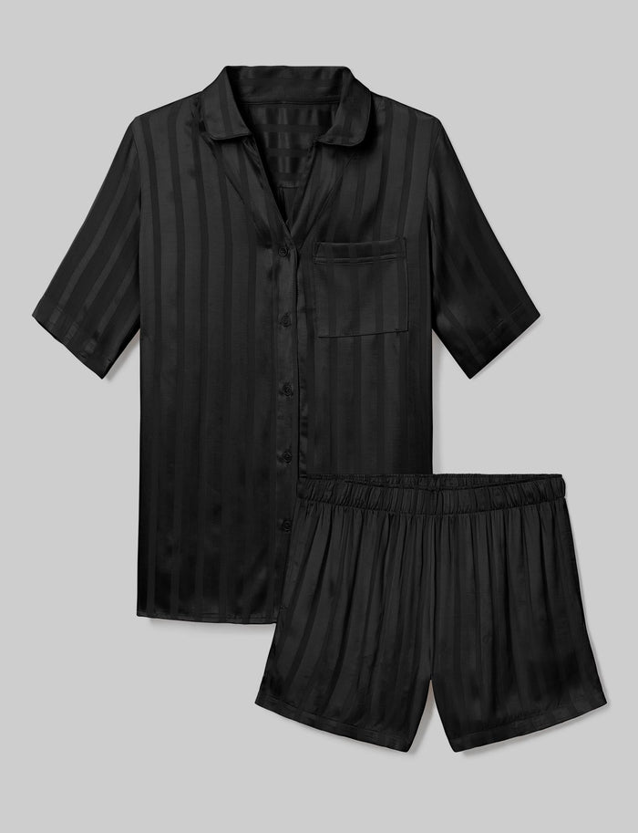 Women's Satin Jacquard Pajama Top & Short Set::Black::Swatch