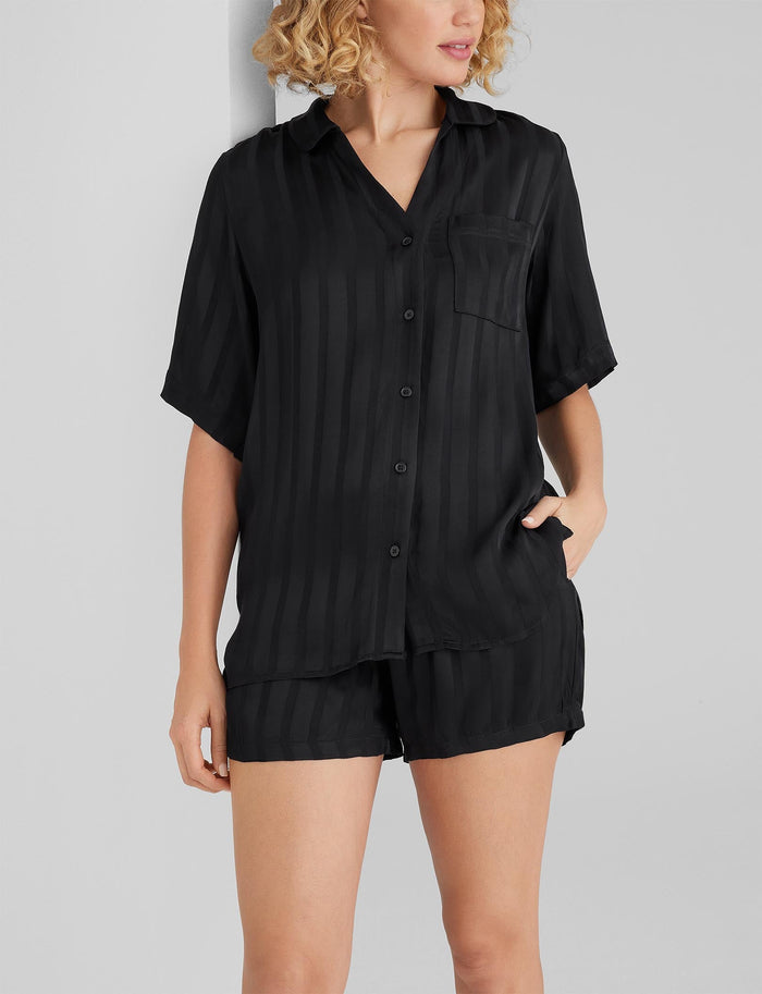 Women's Satin Jacquard Pajama Top & Short Set::Black