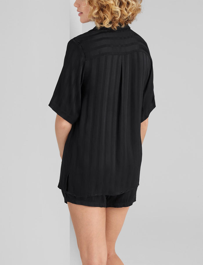 Women's Satin Jacquard Pajama Top & Short Set::Black