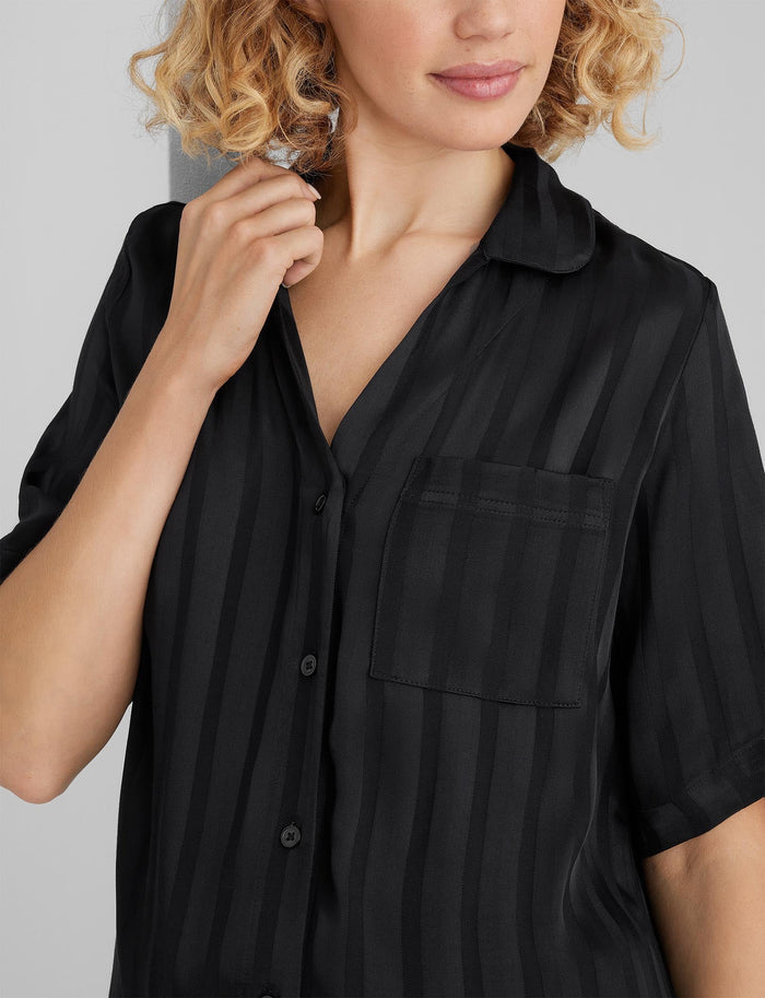 Women's Satin Jacquard Pajama Top & Short Set::Black