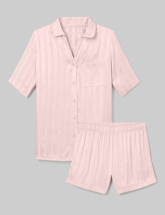 Women's Satin Jacquard Pajama Top & Short Set::Rosewater