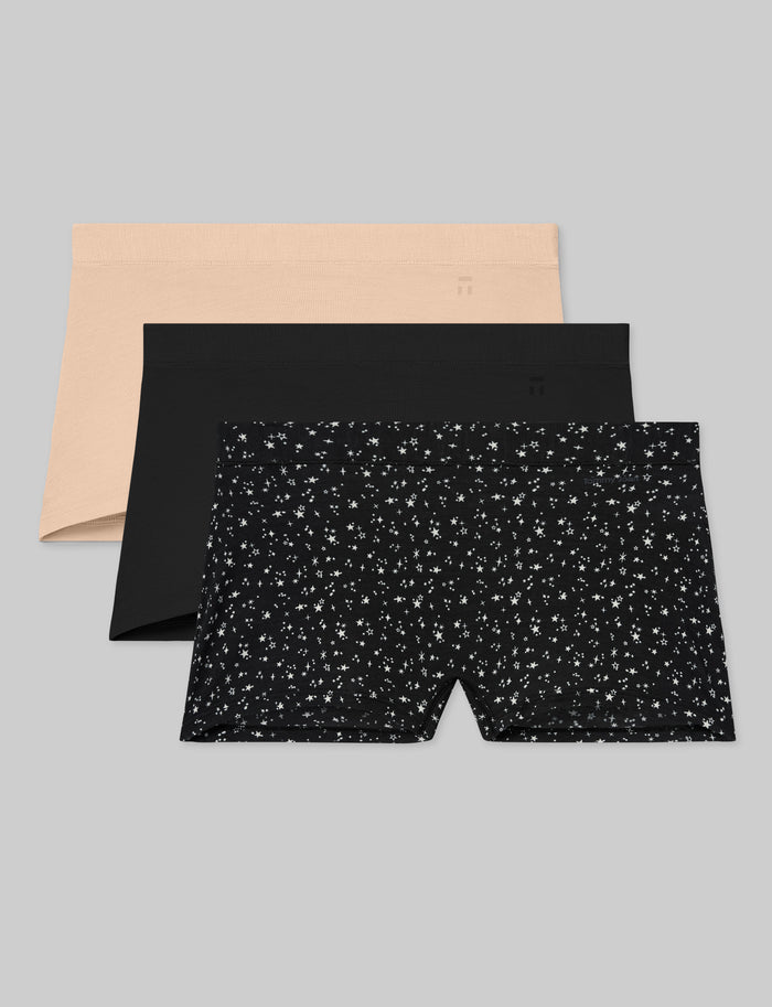 OLD::Women's Second Skin Boyshort (3-Pack)::Maple Sugar/Black/Confetti Stars