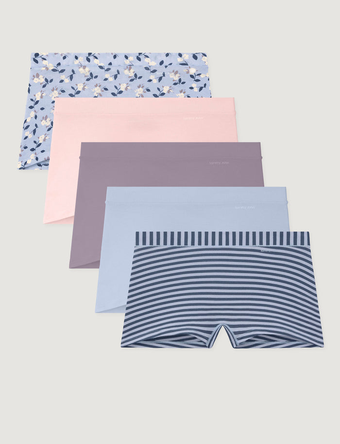Women's Second Skin Boyshort (5-Pack)::Camellias/Rosewater/Nirvana/Halogen Blue/Stripe
