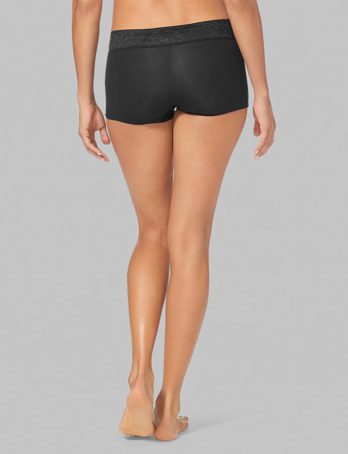 Women's Second Skin Boyshort, Lace Waist::Black Lace Waist