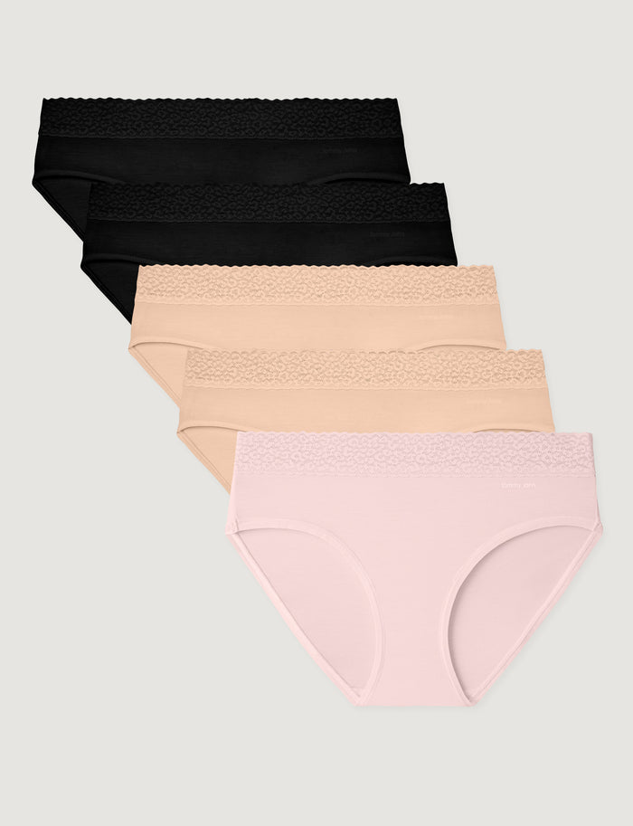 Women's Second Skin Brief, Lace Waist (5-Pack)::Black/Maple Sugar/Rosewater Lace Waist