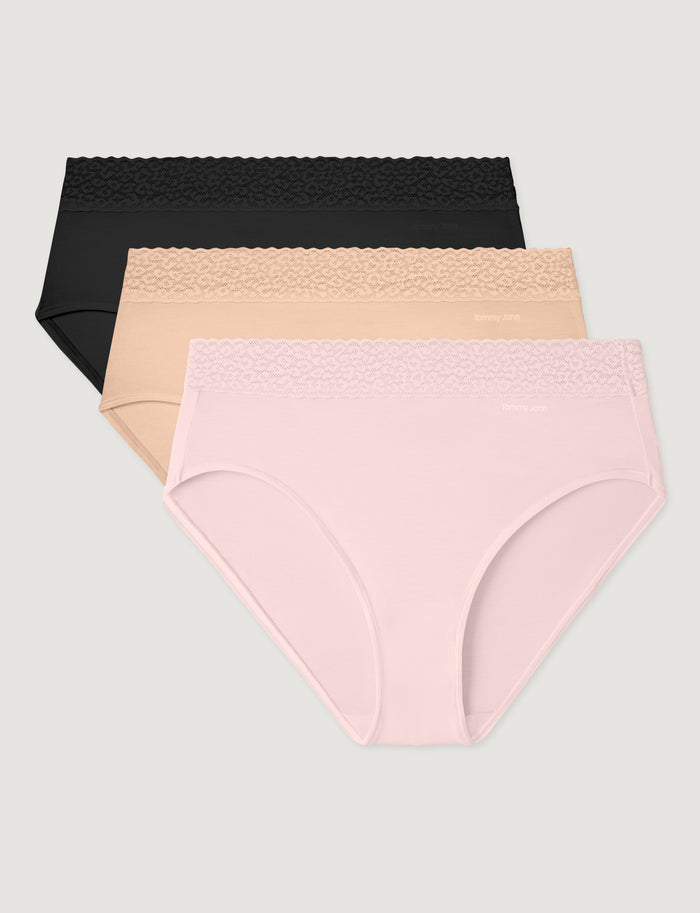 Women's Second Skin High-Rise Brief, Lace Waist (3-Pack)::Black/Maple Sugar/Rosewater Lace Waist