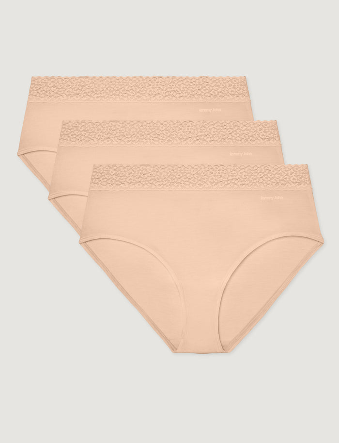 Women's Second Skin High-Rise Brief, Lace Waist (3-Pack)::Maple Sugar Lace Waist