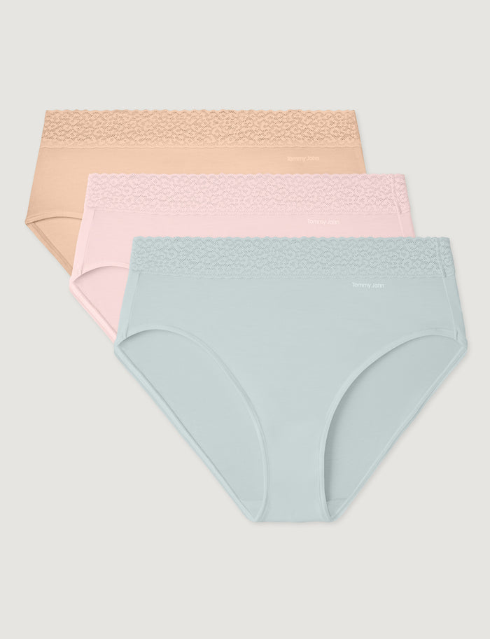 Women's Second Skin High-Rise Brief, Lace Waist (3-Pack)::Maple Sugar/Rosewater/Ice Flow Lace Waist