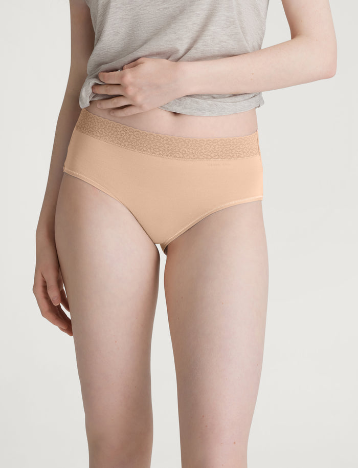 Women's Second Skin High-Rise Brief, Lace Waist (3-Pack)::Maple Sugar Lace Waist