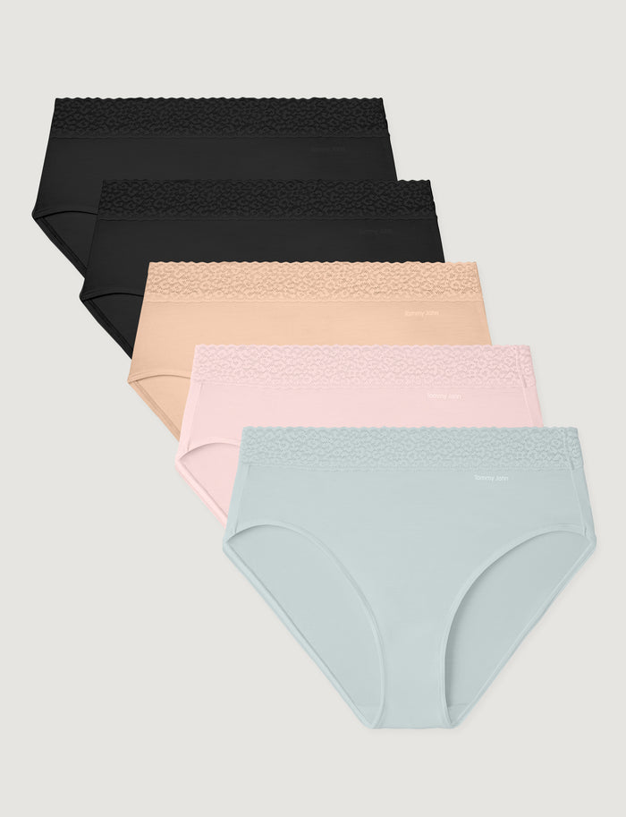 Women's Second Skin High-Rise Brief, Lace Waist (5-Pack)::Black/Maple Sugar/Rosewater/Ice Flow Lace Waist