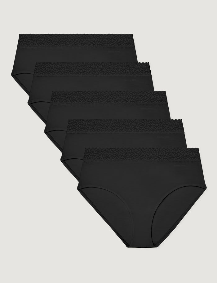 Women's Second Skin High-Rise Brief, Lace Waist (5-Pack)::Black Lace Waist