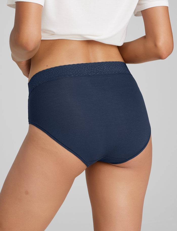 Women's Second Skin High Rise Brief, Lace Waist::Dress Blues Lace Waist