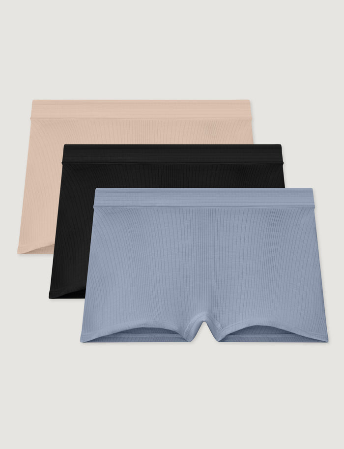 Women's Second Skin Luxe Rib Boyshort (3-Pack)::Shifting Sand/Black/Blue Blizzard