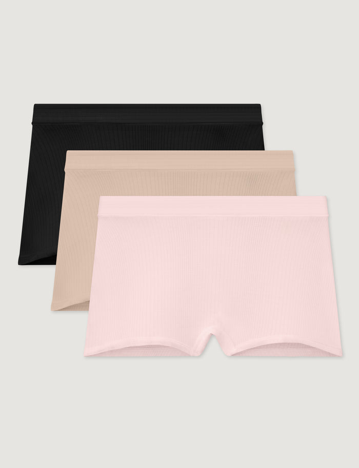 Women's Second Skin Luxe Rib Boyshort (3-Pack)::Black/Shifting Sand/Rosewater Luxe