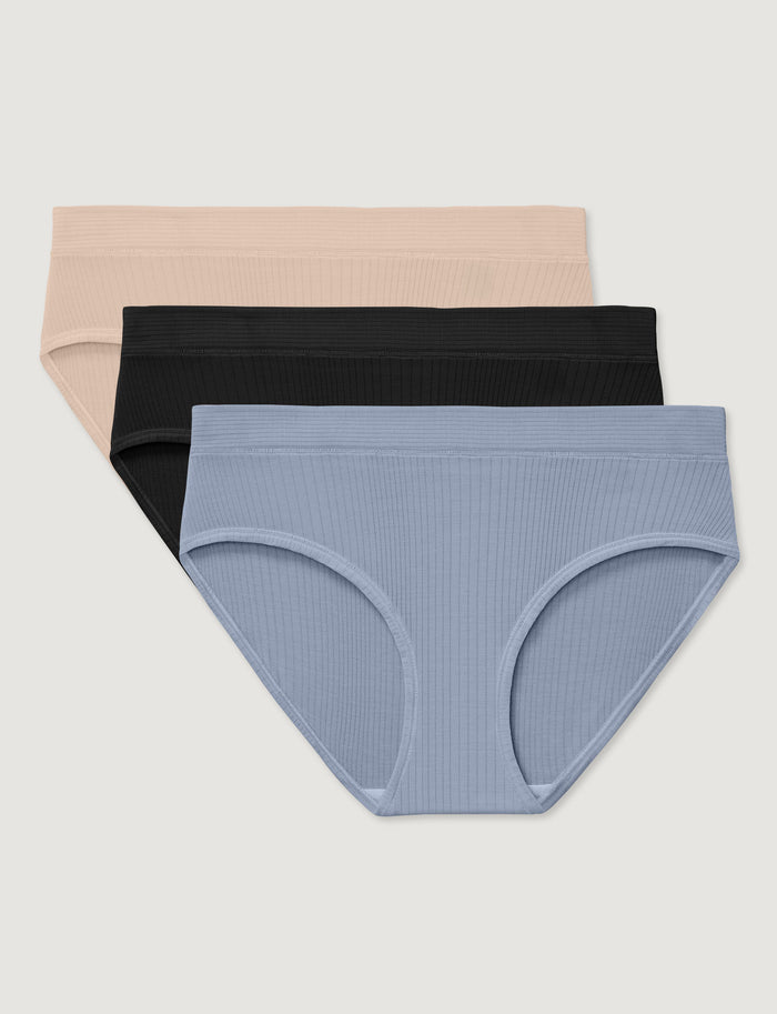 Women's Second Skin Luxe Rib Brief (3-Pack)::Shifting Sand/Black/Blue Blizzard