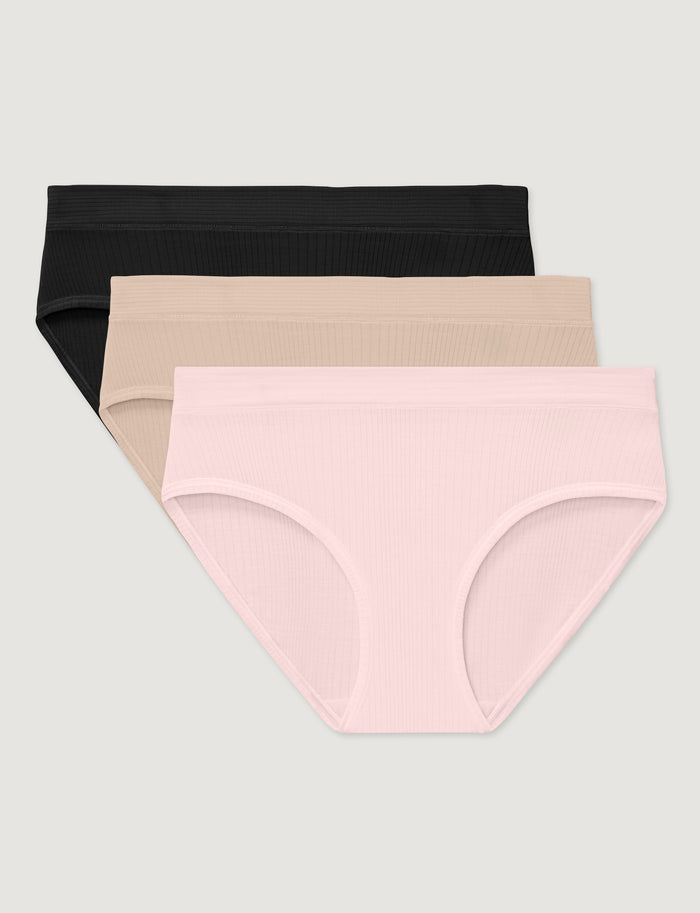 Women's Second Skin Luxe Rib Brief (3-Pack)::Black/Shifting Sand/Rosewater Luxe