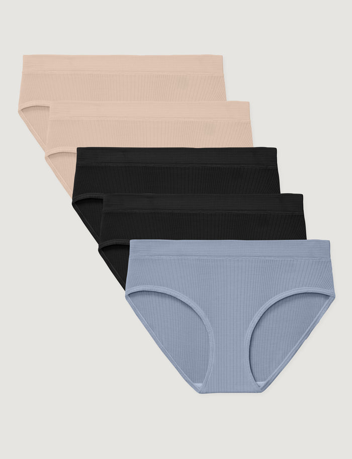 Women's Second Skin Luxe Rib Brief (5-Pack)::Shifting Sand/Black/Blue Blizzard