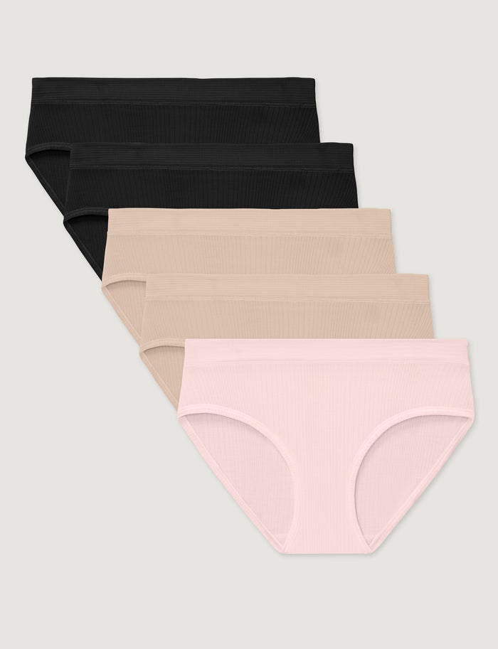Women's Second Skin Luxe Rib Brief (5-Pack)::Black/Shifting Sand/Rosewater Luxe
