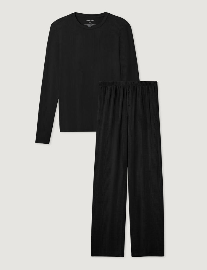 Women's Second Skin Luxe Rib Long Sleeve Crew Neck & Pant Set::Black Luxe