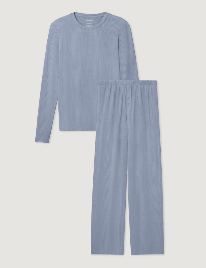 Women's Second Skin Luxe Rib Long Sleeve Crew Neck & Pant Set::Blue Blizzard Luxe