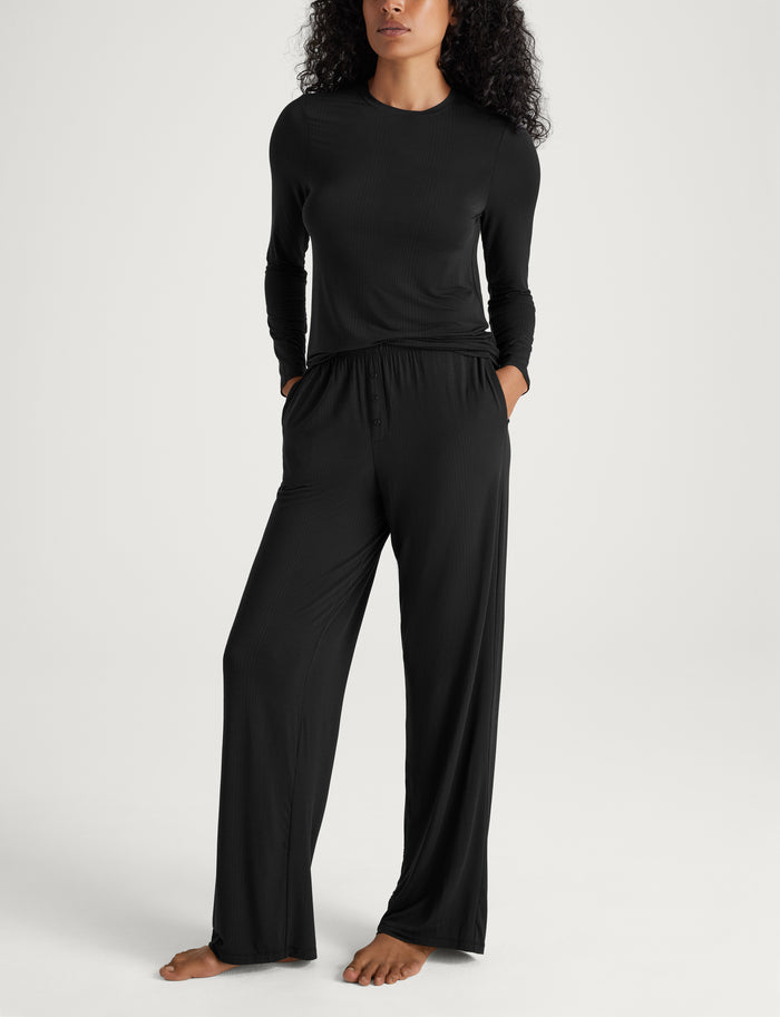 Women's Second Skin Luxe Rib Long Sleeve Crew Neck & Pant Set::Black Luxe