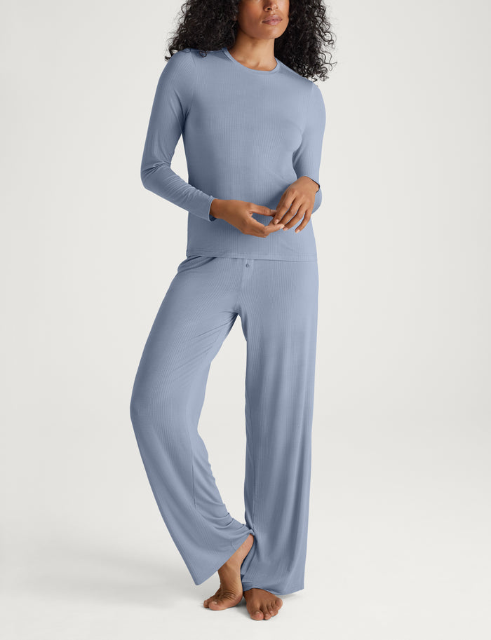 Women's Second Skin Luxe Rib Long Sleeve Crew Neck & Pant Set::Blue Blizzard Luxe