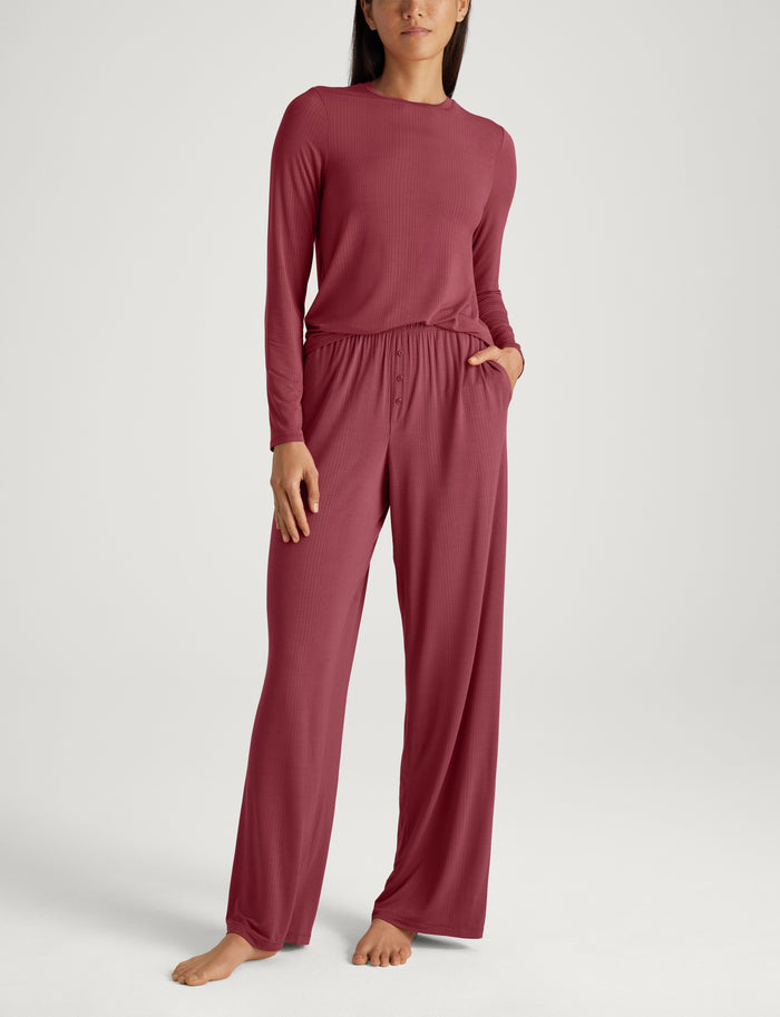 Women's Second Skin Luxe Rib Long Sleeve Crew Neck & Pant Set::Earth Red Luxe