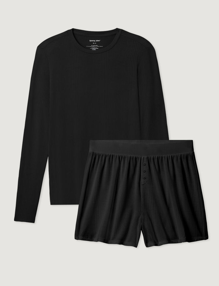 Women's Second Skin Luxe Rib Long Sleeve Crew Neck & Short Set::Black Luxe