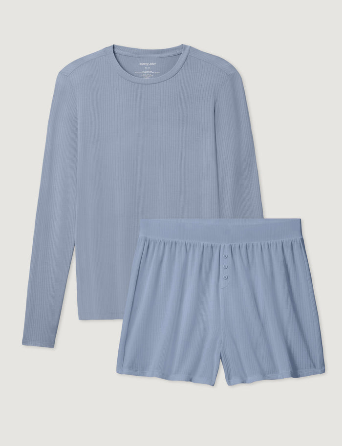 Women's Second Skin Luxe Rib Long Sleeve Crew Neck & Short Set::Blue Blizzard Luxe