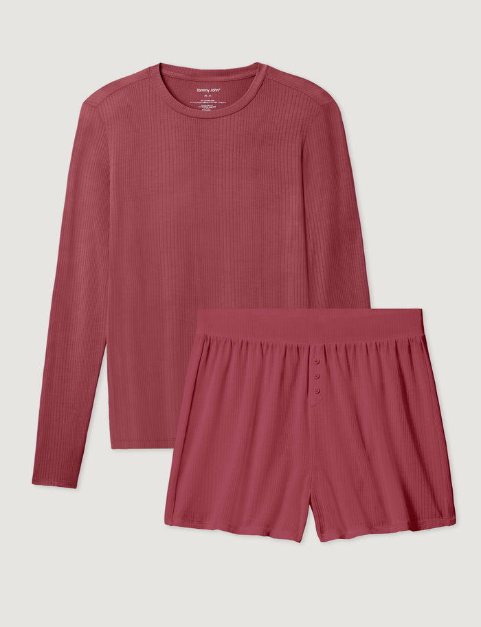 Women's Second Skin Luxe Rib Long Sleeve Crew Neck & Short Set::Earth Red Luxe