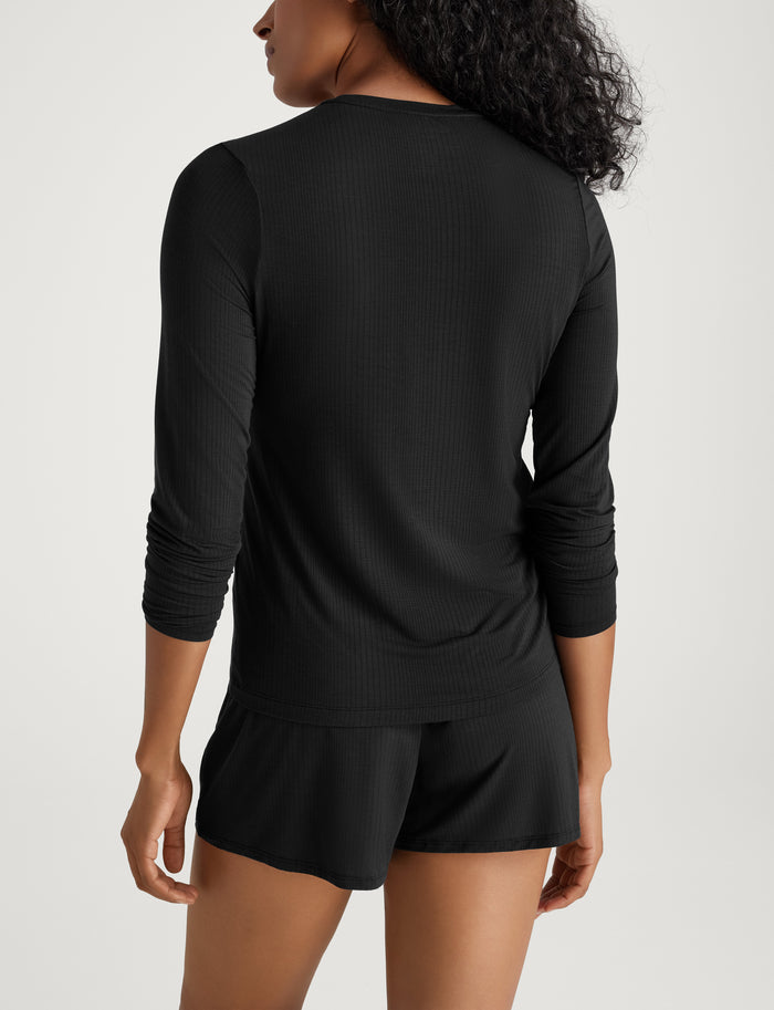 Women's Second Skin Luxe Rib Long Sleeve Crew Neck & Short Set::Black Luxe