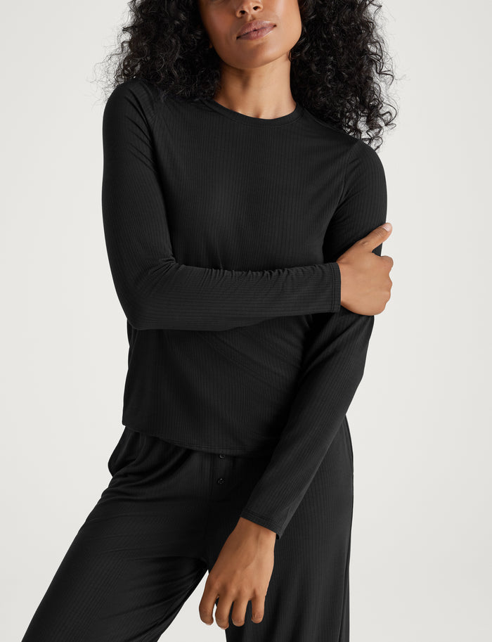 Women's Second Skin Luxe Rib Henley::Black Luxe