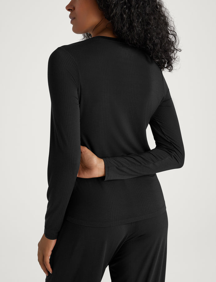 Women's Second Skin Luxe Rib Henley::Black Luxe