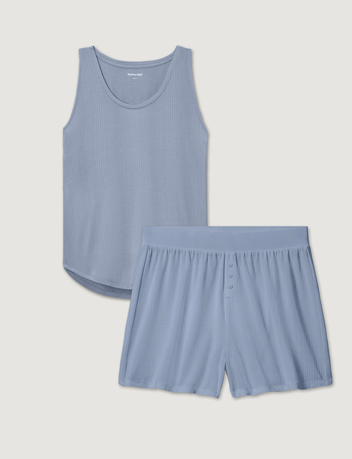 Women's Second Skin Luxe Rib Sleep Tank & Short Set::Blue Blizzard Luxe