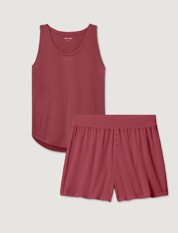 Women's Second Skin Luxe Rib Sleep Tank & Short Set::Earth Red Luxe