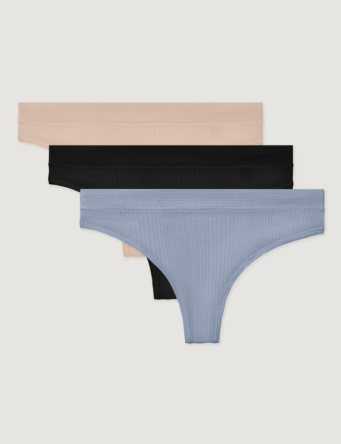 Women's Second Skin Luxe Rib Thong (3-Pack)::Shifting Sand/Black/Blue Blizzard