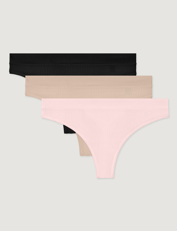 Women's Second Skin Luxe Rib Thong (3-Pack)::Black/Shifting Sand/Rosewater Luxe