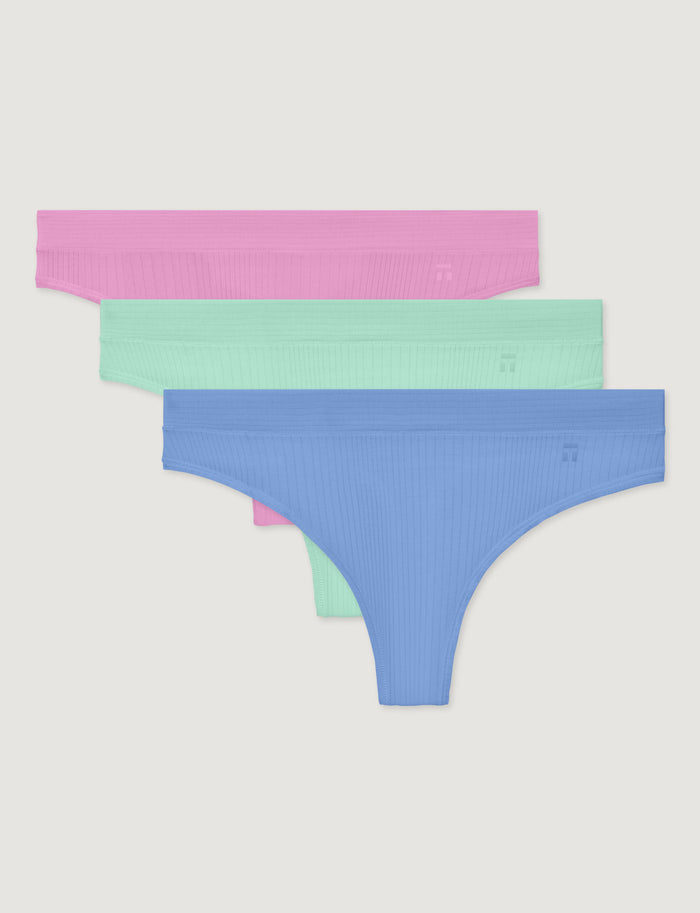 Women's Second Skin Luxe Rib Thong (3-Pack)::Lilac Chiffon/Brook Green/Vista Blue Luxe