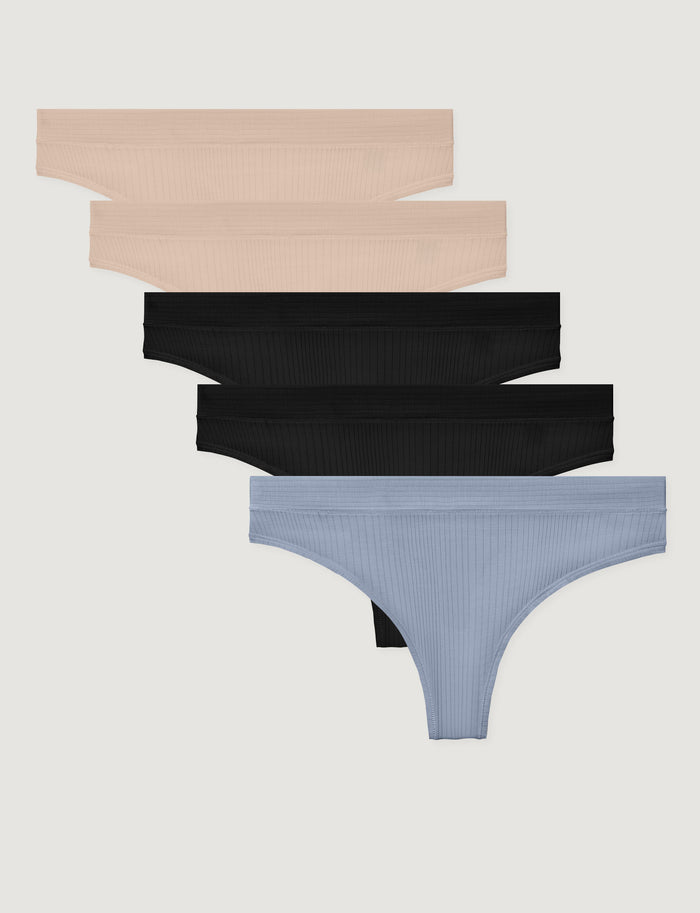 Women's Second Skin Luxe Rib Thong (5-Pack)::Shifting Sand/Black/Blue Blizzard